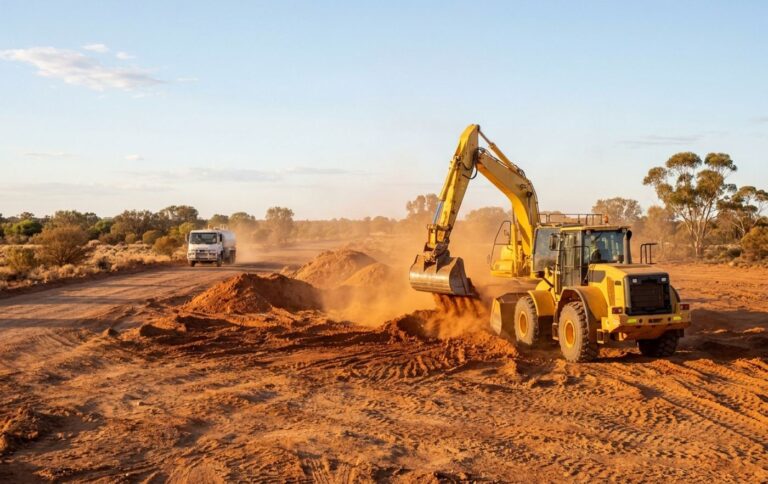 Operator running an excavator on a Western Australian civil site at sunrise