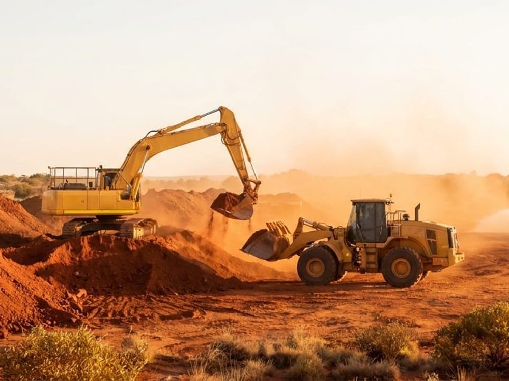 Excavator loading a wheeled loader on red earth