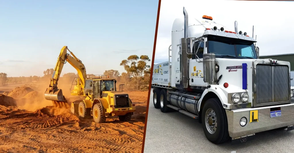 Excavator and loader working red earth, and a prime mover on a Western Australian highway
