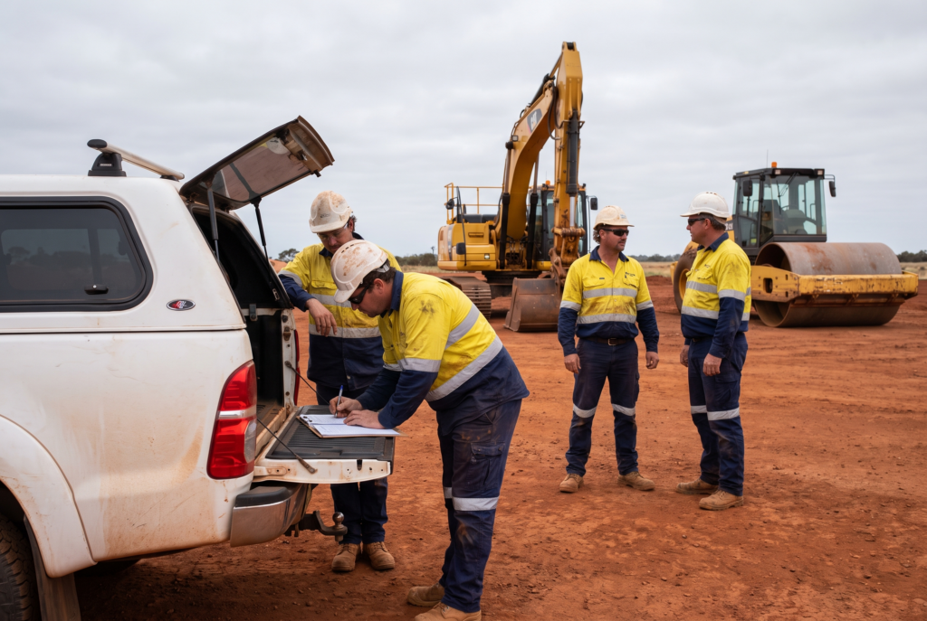 Work crew signing on at the tailgate of a ute on a red dirt civil site