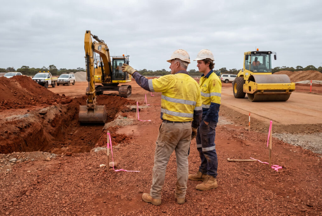 Trainer and operator beside a trench with an excavator and roller working behind them